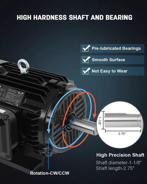 Image showing 5HP Three Phase Electric Motor With 1480 And 1770 RPM, 184T Frame, 1-1/8 Inch Shaft, CW CCW Rotation.