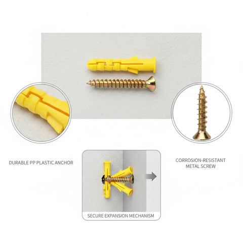 Drywall Anchors And Screws Set With Yellow Plastic Expansion Plugs For Hollow Walls showing anchor and screw detail