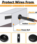 Illustration of a rubber grommet protecting a wire in a metal power box. Includes 70 Pack Rubber Grommet Kit With 7 Sizes For Wiring Automotive And Home Improvement Includes Durable Weather Resistant Firewall Hole Plugs Grommets To Protect Cables Pipes And Wires From Abrasion And Vibration