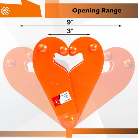 Vertical orange beam clamp, 2-ton capacity, 3-9 in opening, front view