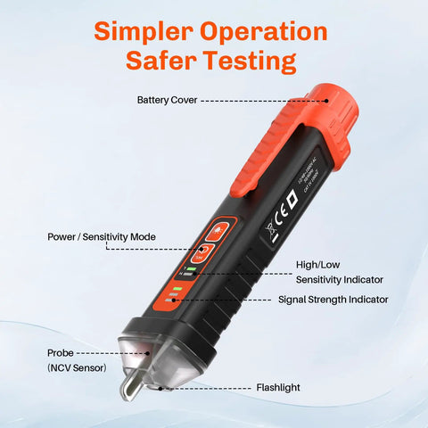 Non Contact Voltage Tester Pen With Dual Sensitivity 12-1000V And 48-1000V Live And Neutral Wire Detector with labels.