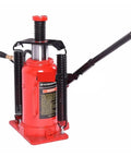 Kickass 20 Ton Hydraulic Air Bottle Jack Featuring Smooth Pumping Action And Damn Tough Stability For Effortless Auto Shop Upkeep And Heavy Gear Lifting Tasks, showing the red cylindrical jack with a pump lever.