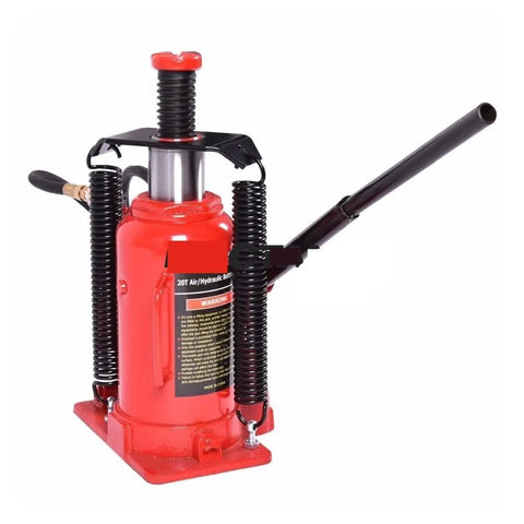 Kickass 20 Ton Hydraulic Air Bottle Jack Featuring Smooth Pumping Action And Damn Tough Stability For Effortless Auto Shop Upkeep And Heavy Gear Lifting Tasks, showing the red cylindrical jack with a pump lever.