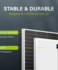 Close-up of 10BB 150W 12V Monocrystalline Solar Panel Kit showing aluminum frame and TBT backplane for off-grid RV or boat use