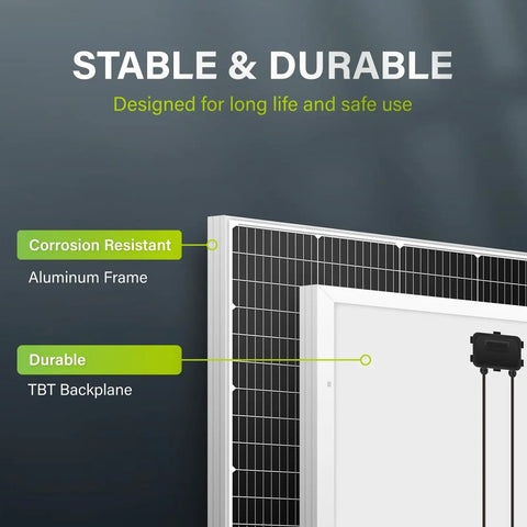 Close-up of 10BB 150W 12V Monocrystalline Solar Panel Kit showing aluminum frame and TBT backplane for off-grid RV or boat use