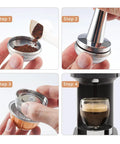 Steps of using Stainless Steel Reusable Vertuo Capsule For Vertuo Next with coffee tamper and pod in machine.