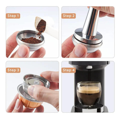 Steps of using Stainless Steel Reusable Vertuo Capsule For Vertuo Next with coffee tamper and pod in machine.