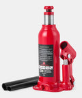 Amazon Basics red hydraulic bottle jack with black handle tubes; 4,000 kg capacity, slow release