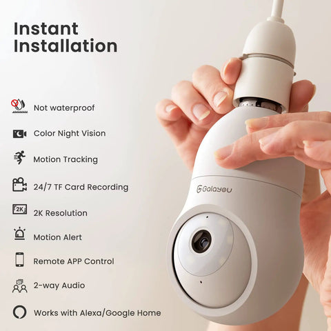 Person holding 2K Light Bulb Security Camera Wireless Outdoor Bulb Cam for Home Security, features listed with E27 socket.
