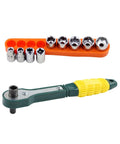 Snag This Solid Mini Ratchet Wrench Set With 1/4 Inch Drive And Nine Proven Metric Sockets From 5mm To 13mm Ideal For Quick Auto Repairs And Lazy Sunday Fixes Crafted From Tough Heat Treated Alloy, featuring a compact design with ratchet handle and assorted metric sockets.
