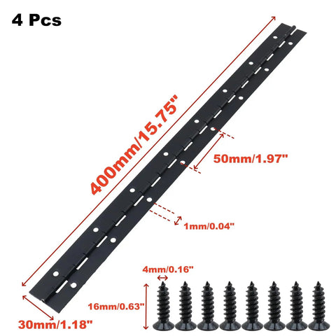Durable Bulletproof Heavy Duty Black Piano Hinges Full Length Cabinet Door Hardware With Mounting Screws For RV And Furniture Projects showing four steel hinges and screws.
