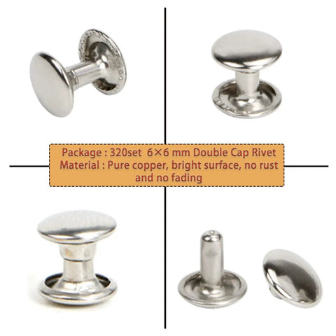 Professional Silver Stainless Steel Double Cap Rivets For Leather Wallets Bags 320 Pack, 6mm durable copper fasteners.
