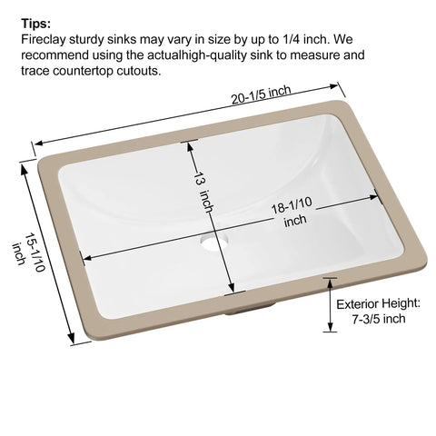 Top Shelf White Fireclay Undermount Bathroom Sink Rectangle 18X13 Inch dimensions with drain hole and exterior height indicator.