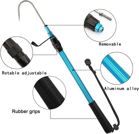 Telescopic Gaff For Saltwater Fishing With Stainless Steel Hook Spear Tip Aluminum Alloy Pole and Soft Rubber Handle