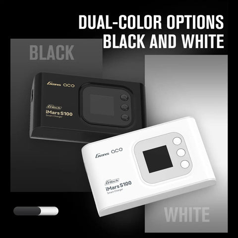 Black and white Imars S100 G Tech Series 100W LiPo Battery Chargers with Smart Chip and auto charge, display shown.