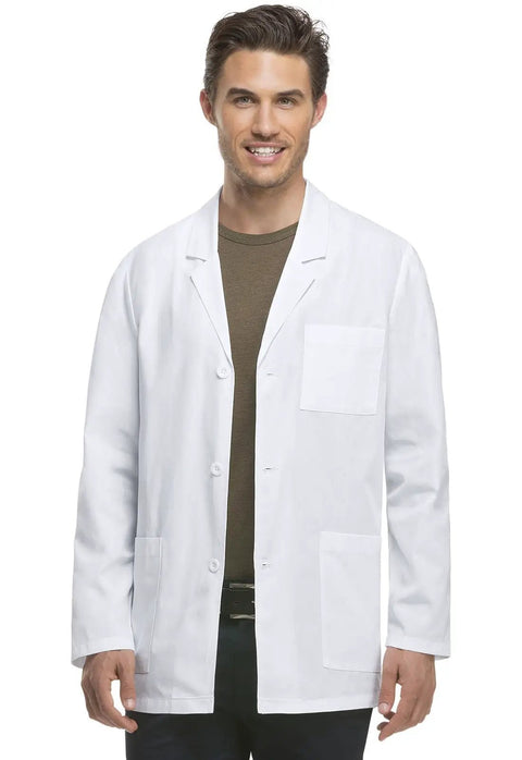 Pro Grade White Lab Coat For Men With 4 Pockets Notched Lapel And Three Button Front Closure 31 Inch Long Medical Coat