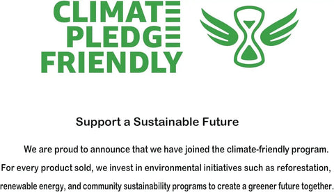 Climate Pledge Friendly logo with message about supporting a sustainable future through environmental initiatives.