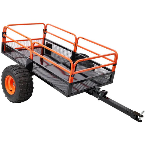 Heavy Duty Dump Cart 1500 Lb Capacity Tow Behind Trailer for ATV UTV Tractor with steel bed and removable rails