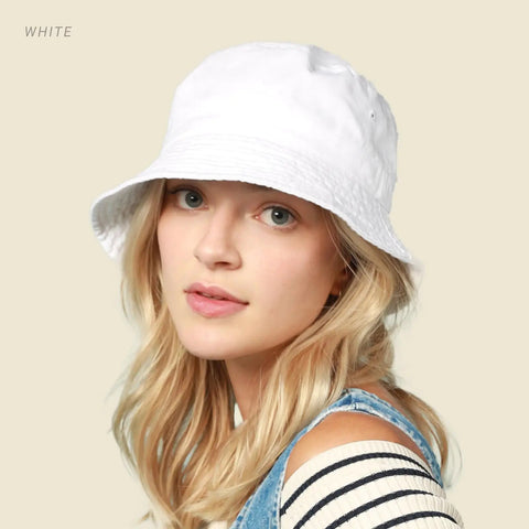 White version of All Day Cotton Bucket Hat With Adjustable Comfort Strap For Beach, Golf, Fishing And Outdoor Fun worn by a woman