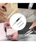 Premium Heavy Duty Automatic Center Punch Set Hella Durable Steel Marking Tools With Adjustable Spring Tension For Fast Layout Drilling Boss Workshop Essentials, showing usage on wood and metal.