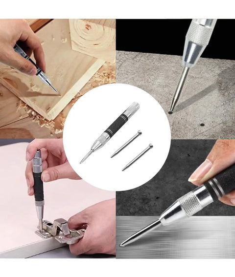 Premium Heavy Duty Automatic Center Punch Set Hella Durable Steel Marking Tools With Adjustable Spring Tension For Fast Layout Drilling Boss Workshop Essentials, showing usage on wood and metal.