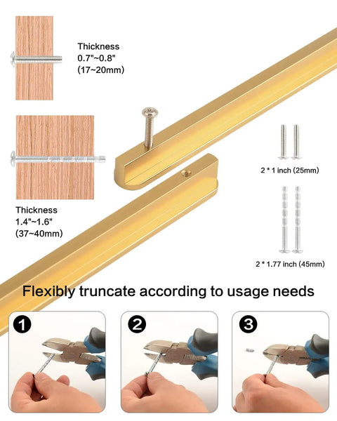 Five Pack Gold Cabinet Pulls With 3 Inch Hole Center Brushed Brass Finish with different screw sizes and trimming instructions