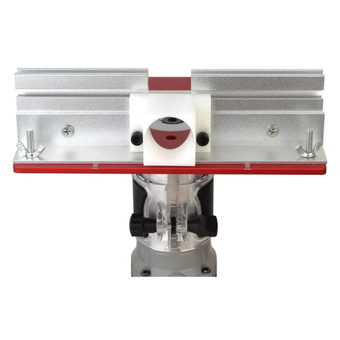 Heavy Duty Anodized Aluminum Router Table Insert Plate With Sturdy Miter Guide For Backyard Woodworking Bench Quick Swap Flip Mount Smooth Cutting Path Rust Resistant Red Color Built Like A Tank Top Pick For DIY Crews, top view showing miter guide and router.