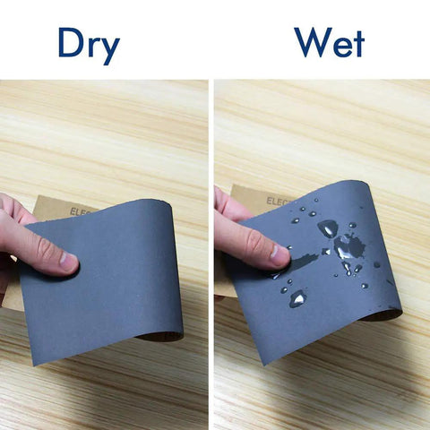 Demonstrating wet and dry use of 24 Pack Sandpaper Variety Kit With 12 Grits From 120 To 3000 For Wood And Metal Sanding, Wet Dry Sandpaper Sheets 9 x 3.6 Inches, Soft Back, Easy To Cut, Hand Grip Friendly.