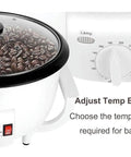 Electric Coffee Bean Roaster Machine Featuring Adjustable Temperature Controls, showing temperature dial and roasted coffee beans.