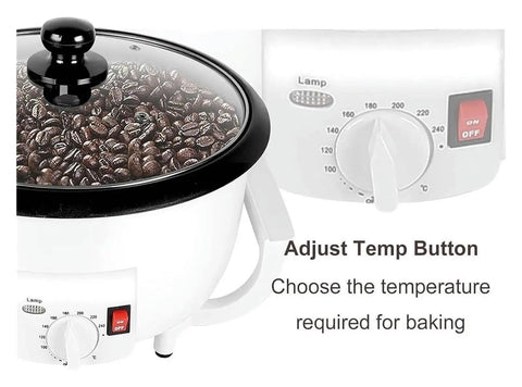 Electric Coffee Bean Roaster Machine Featuring Adjustable Temperature Controls, showing temperature dial and roasted coffee beans.