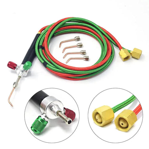 Mini Oxygen Torch Kit With Five Precision Nozzles And Steady Flame Control For Jewelry Repair and Micro Welding Work includes hoses and tips.