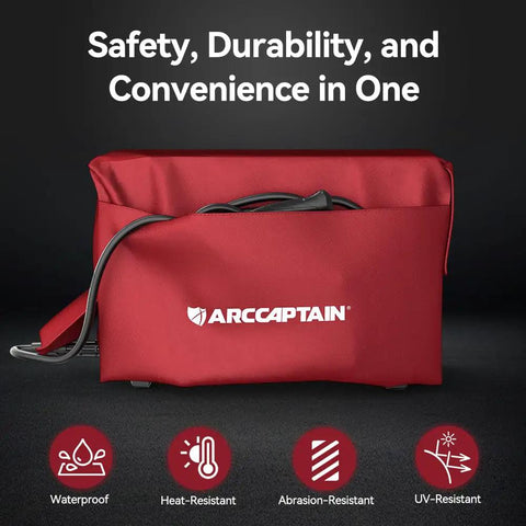 Waterproof Welder Cover shown with cable, protective dust shield for welding machines, 20 x 14.17 x 8 inches, red PVC material