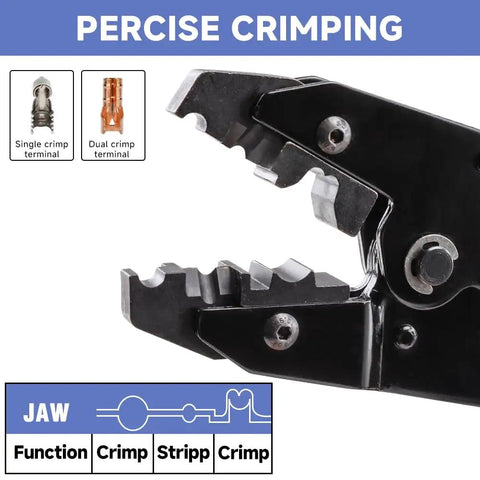 Close-up of the Ratcheting Spark Plug Wire Crimping Tool Kit jaw for precision crimping with visual guide on single and dual crimp terminals.