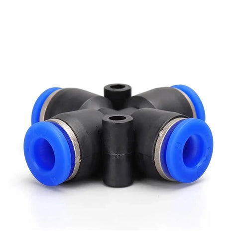 Bulk 50 Pack PZA Pneumatic Plastic Fittings Quick Connectors For Water Hose And Air Lines, 4 Way And 5 Way Push, close-up