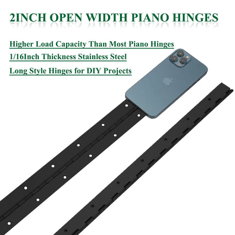 Angled view of pair of black 18-inch piano hinges with predrilled holes for cabinet doors; 2" open width.