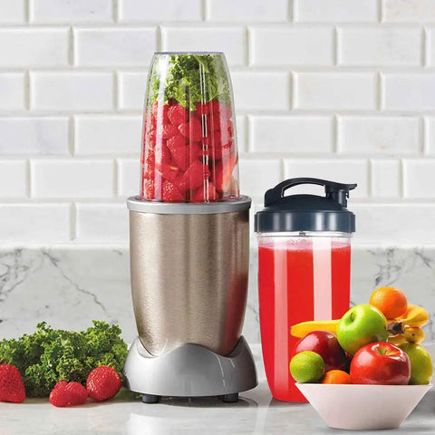 Two 32oz Replacement Blender Cups With To Go Lids For NutriBullet 600W And Pro 900W with fruits and smoothie