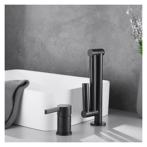 Desk Mounted 360 Rotate Foldable Basin Faucet Mixer Hot and Cold Sink Tap Rotate Folding Spout Kitchen Matter Black,Black Color-R with sink.