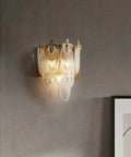 Top Shelf Modern Copper Wall Sconce With Super Soft Glass Shade Rust Proof Heavy Duty Lighting For Cozy Living Room Bedroom Setup Easy Hang Solid Decor Piece, displaying light reflection on textured wall.