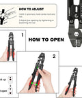 Instructional steps showing how to adjust and open the Beefy Heavy Duty Wire Rope Crimping Tool Kit With Safety Lock.