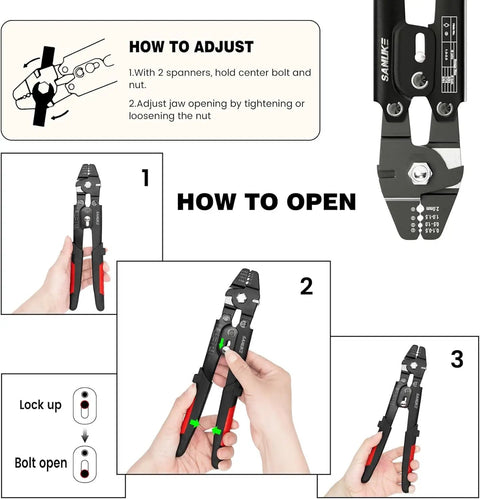 Instructional steps showing how to adjust and open the Beefy Heavy Duty Wire Rope Crimping Tool Kit With Safety Lock.