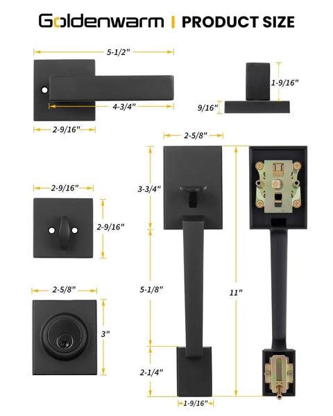 Front Door Handle And Deadbolt Set In Black With Reversible Lever For A Modern Look And Secure Entry, handle and lock dimensions