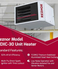 30K BTU Horizontal Propane Forced Air Garage Heater Heavy Duty Powerhouse mounted on a ceiling in a workshop space.