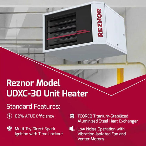 30K BTU Horizontal Propane Forced Air Garage Heater Heavy Duty Powerhouse mounted on a ceiling in a workshop space.