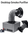 Portable fume extractor with adjustable arm, gray metal base and flexible hose for clean workspace. Kick Your Soldering Game Up With This Portable Fume Extractor Packing Triple Layer Filters And A Snazzy Adjustable Arm For Clean Shop Air And Happy DIY Crews.