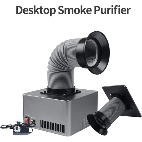 Portable fume extractor with adjustable arm, gray metal base and flexible hose for clean workspace. Kick Your Soldering Game Up With This Portable Fume Extractor Packing Triple Layer Filters And A Snazzy Adjustable Arm For Clean Shop Air And Happy DIY Crews.