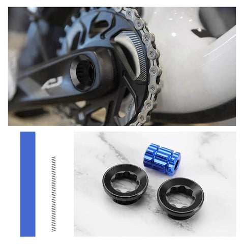 Two Pack Aluminum Crank Adjusting Caps With Tool For Shimano Deore XT SLX XTR UT DA M20 Hollow Cranksets Crank Cover Screws Nuts Bolt Black Durable Aluminum Alloy Construction For Weather Resistant Performance on a bicycle with close-up of black and blue covers.