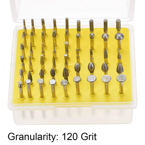Diamond Burr Bit Set For Rotary Tools Grinding And Carving 120 Grit One Eighth Inch Shank Small Head 50 Pcs in a storage box