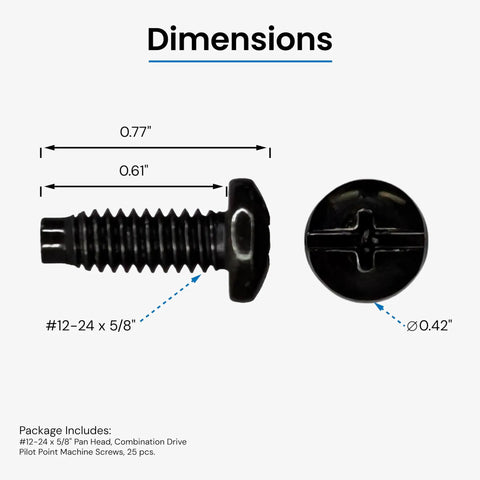 Rock Solid Boss Level Rack Mount Screws Featuring 12 24 Threads For Standard 19 Inch Eia Server Cabs And Patch Shelves In Sleek Black showing dimensions 0.77 x 0.61 inches and hole diameter 0.42 inches.