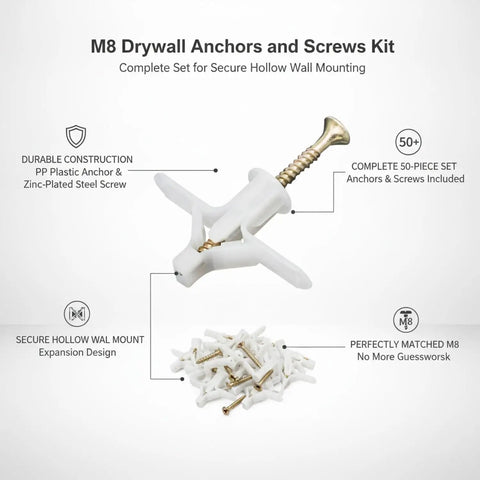 Heavy Duty Hollow Wall Mounting Kit For Shelves And Mirrors With M8 Drywall Anchors And Screws 50 Piece Zinc Plated Steel Hardware Set