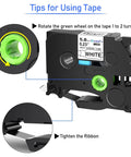Brother PTouch heat shrink tube label tape 5.8mm width showing installation tips and green wheel adjustment.
